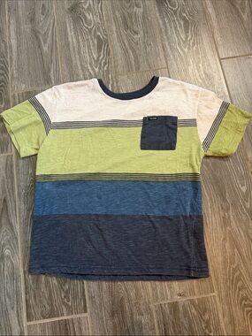 Volcom Boys large 14 Short Sleeve Green Blues Striped Pocket Tee